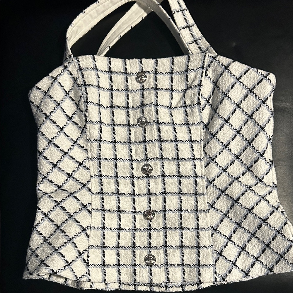 White House Black Market White and Navy Check Tweed Tank Top
